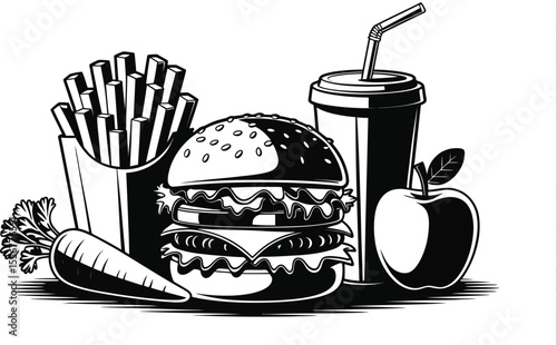 Black and white illustration of a burger meal with healthy options