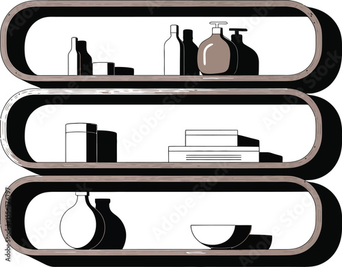 Illustration of three shelves with bottles and containers on a white wall
