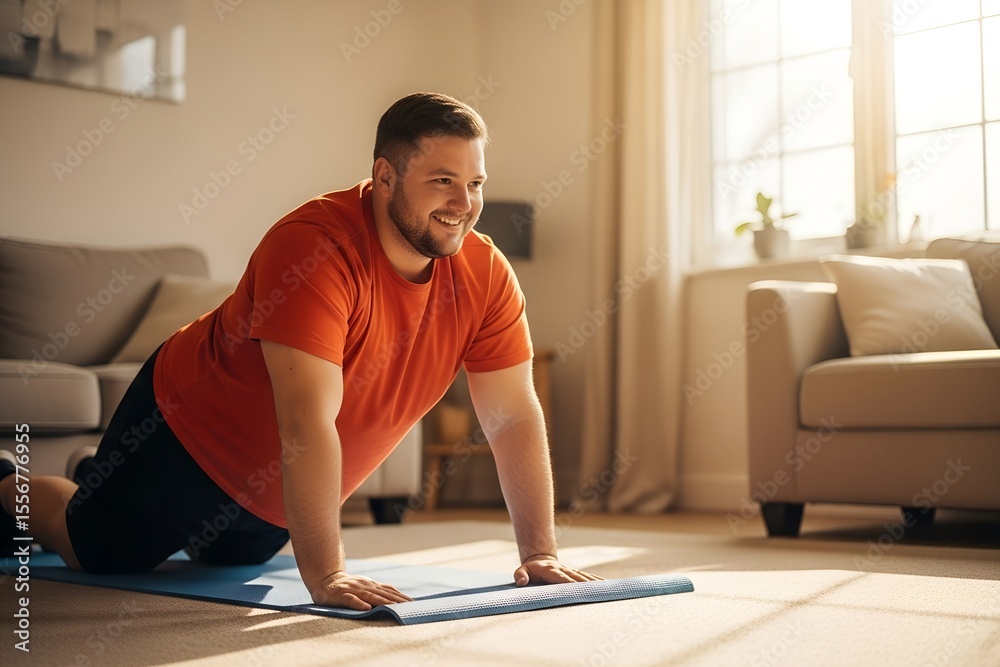 Fototapeta premium Overweight Man Starting Fitness Routine at Home