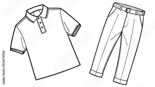 Outline drawing of a polo shirt with buttons and a pair of pants with a belt and cuffed bottoms laid out