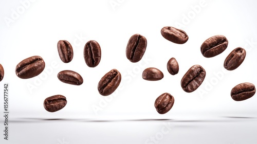 Fl floating coffee beans in mid-air on a clean white background