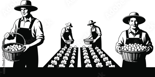 Farmers harvesting crops in field with baskets in black and white art