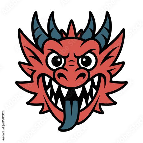 cartoon red dragon head with horns and blue tongue logo vector illustration