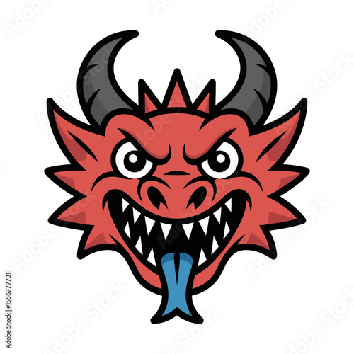 cartoon red dragon head with horns and blue tongue logo vector illustration