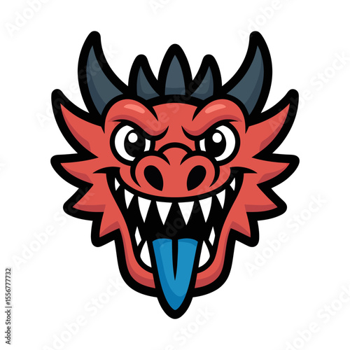 cartoon red dragon head with horns and blue tongue logo vector illustration