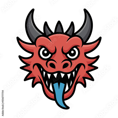 cartoon red dragon head with horns and blue tongue logo vector illustration