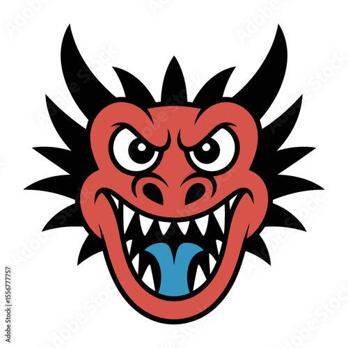 cartoon red dragon head with horns and blue tongue logo vector illustration