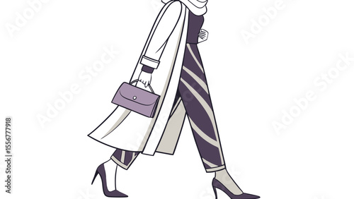 A stylish woman walking with a handbag wearing a long coat and patterned pants in an illustration style