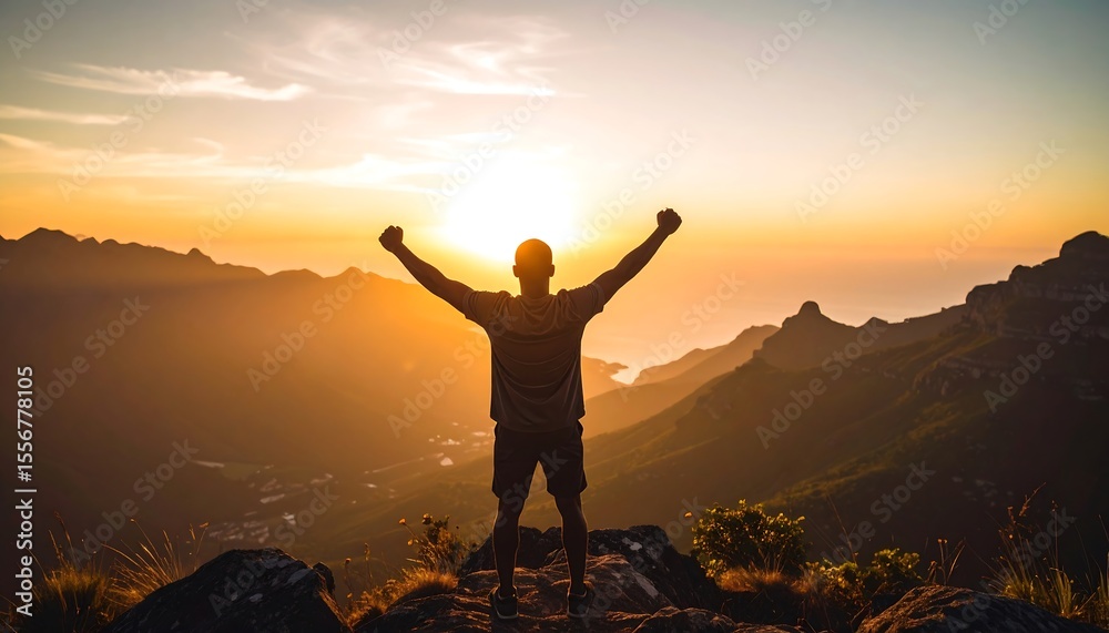 Fototapeta premium Silhouette of a person celebrating a sunset view from a mountain peak