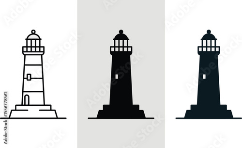 Lighthouse vector illustration set outline silhouette beacon navigation sea coast ocean safety guide light vector illustration
