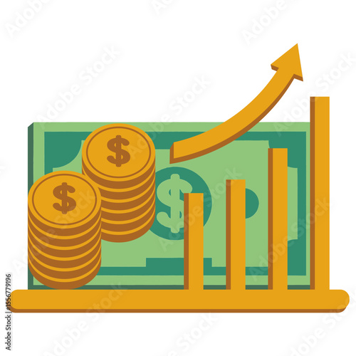 Isolated illustration income increases financial strategy, gold coin, green dollar money and increase graphic for business finance icon