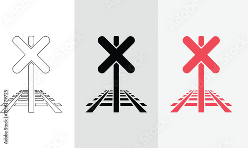 Railroad crossing sign vector illustration set safety transportation train track warning symbol graphic vector illustration