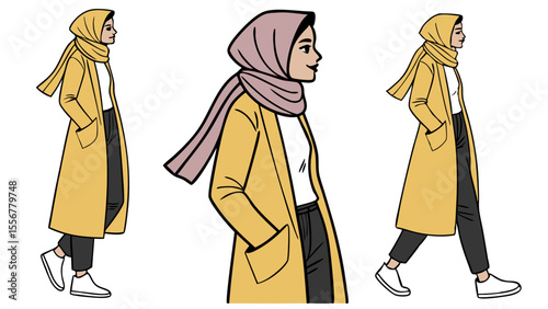 Three illustrations of a woman wearing a hijab, long yellow coat, and black pants in different poses