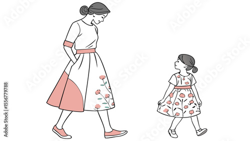 Illustration of a mother and daughter walking together both wearing dresses with floral patterns and pink accents