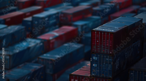 Sunlit cargo containers stacked at an international shipping port with large cranes in the background. This image reflects global trade logistics, import-export dynamics, and the economic implications