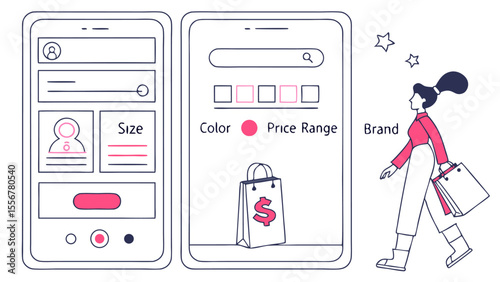 Illustration of a mobile shopping app interface with a customer and shopping bags shown on the right side