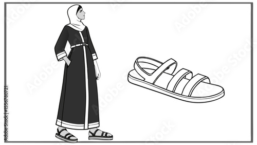 Woman in abaya and hijab with sandals and a sandal drawing in black and white illustration style art