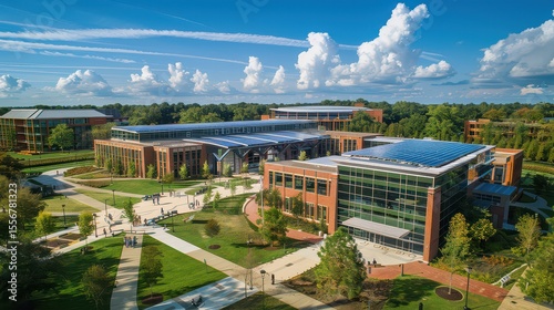 Solar panel installation on a university campus with green architecture.