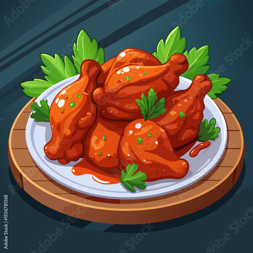 Buffalo chicken wings vector plate illustration with crispy, saucy texture in flat food design, ideal for restaurant menus, fast food icons, and snack-themed stickers.