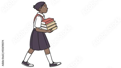 Illustration of a girl in school uniform walking while carrying a stack of books in her arms sideways view