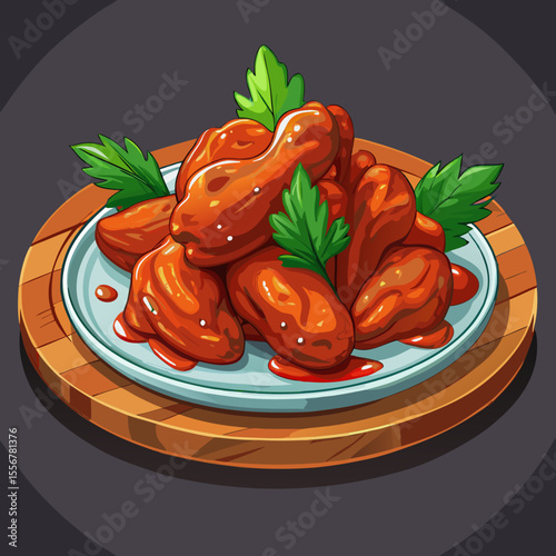 Buffalo chicken wings vector plate illustration with crispy, saucy texture in flat food design, ideal for restaurant menus, fast food icons, and snack-themed stickers.