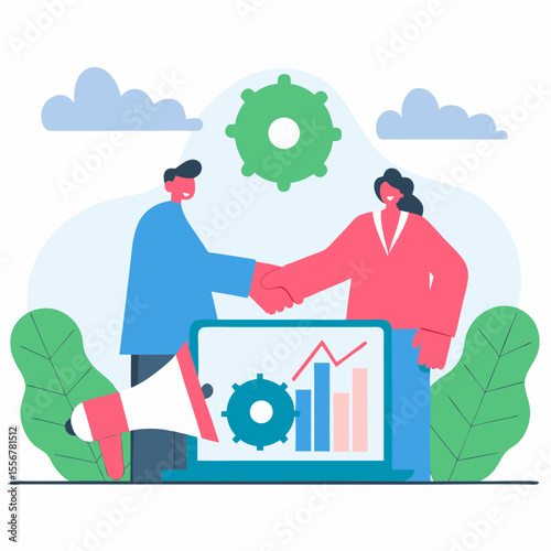 Handshake business deal vector with laptop, megaphone, gears, and documents representing collaboration, partnership, business growth, and online cooperation themes.
