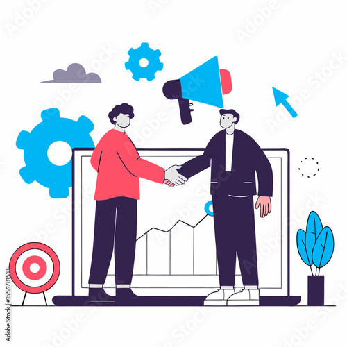 Handshake business deal vector with laptop, megaphone, gears, and documents representing collaboration, partnership, business growth, and online cooperation themes.