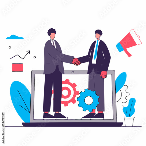 Handshake business deal vector with laptop, megaphone, gears, and documents representing collaboration, partnership, business growth, and online cooperation themes.