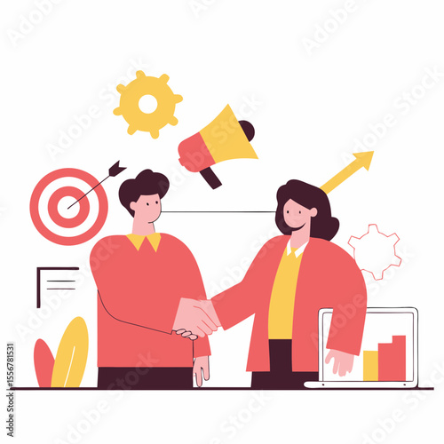 Handshake business deal vector with laptop, megaphone, gears, and documents representing collaboration, partnership, business growth, and online cooperation themes.