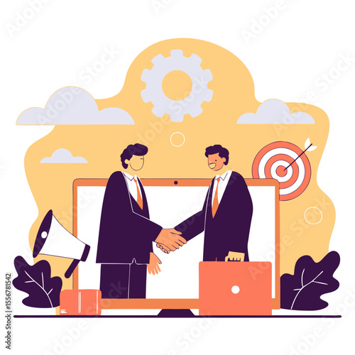 Handshake business deal vector with laptop, megaphone, gears, and documents representing collaboration, partnership, business growth, and online cooperation themes.