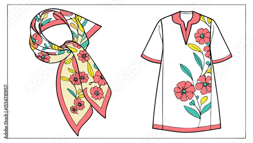 Illustration of a floral scarf and a white tunic dress with floral accents on a white background
