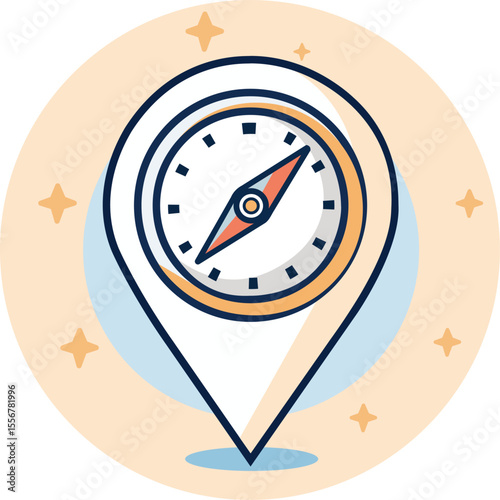 "Modern flat design of a compass inside a map pin icon, set against a peach circular background with sparkling stars. Represents travel, location, and navigation tools."