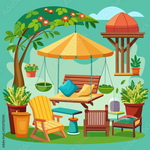 Cartoon garden furniture vector set – flat wooden sofa, table, and chairs for outdoor decor, patio scene, and summer home design sticker collections