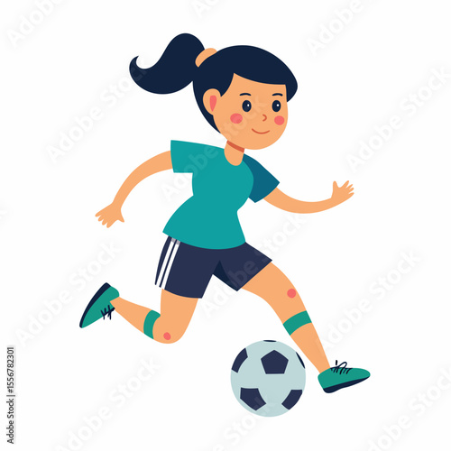 Cartoon girl kicking football – flat vector of female athlete in motion for sport activity, team play, and fitness themed sticker art assets