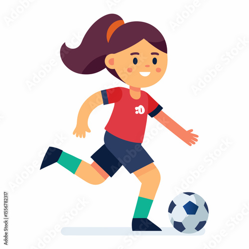 Flat vector of girl playing soccer – minimalist cartoon sports illustration for kids activity, fitness, football games, and active lifestyle sticker graphics
