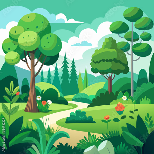 Green cartoon foliage and trees – flat seasonal vector illustration for outdoor landscape, garden, eco design, and environmental sticker collections