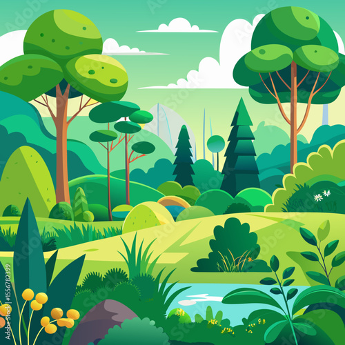 Garden shrubbery and tree foliage vector – green cartoon plants in summer landscape design for nature or environmental sticker concepts