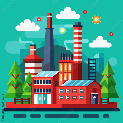 Flat style red brick manufacturing factory vector – with smoke stacks and urban industrial look for production, pollution, or power plant themed graphics