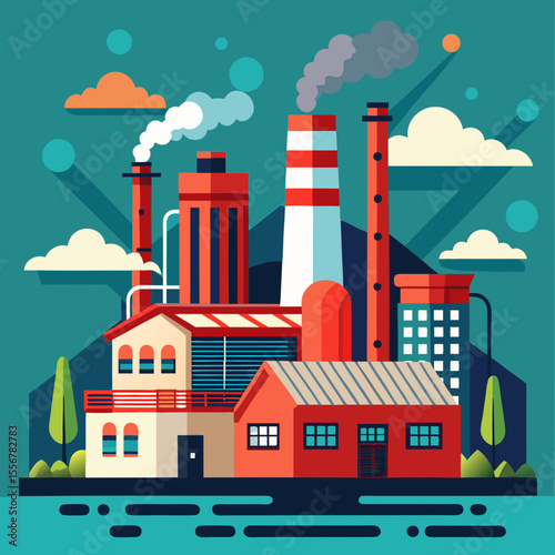 Red brick industrial factory vector – flat illustration with smoke stacks for energy, pollution, industry, and production-themed sticker assets
