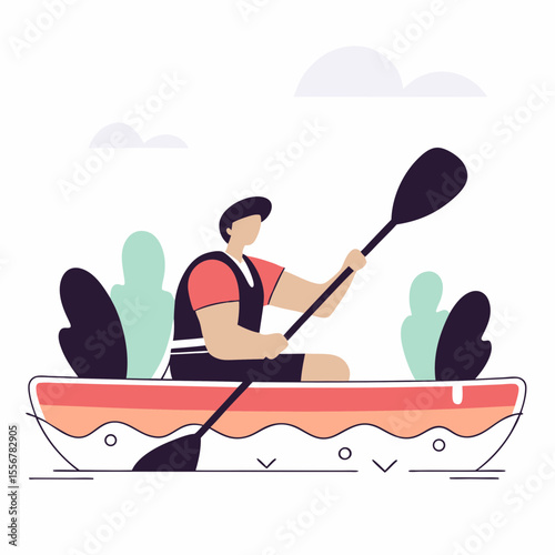 Kayaker in water vector art – stylized flat design of man paddling solo for outdoor adventure, nature travel, and water sport themed sticker illustrations