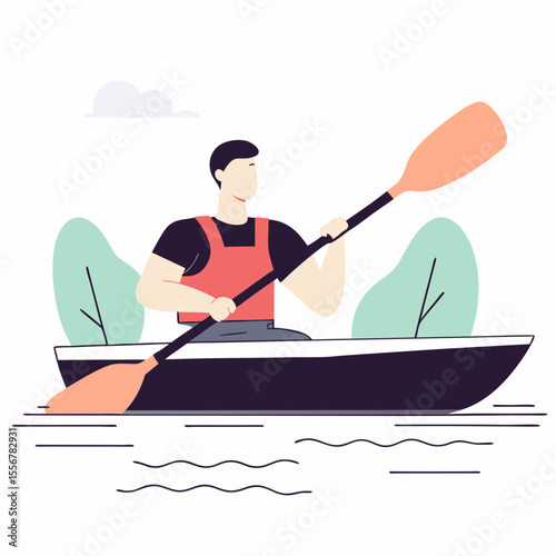Kayaker paddling across blue river with flat style vector art illustration – adventure water sports concept for outdoor activity and summer recreation merchandise