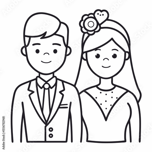 Line drawing of wedding couple – flat minimal bride and groom vector in doodle art style for romantic sticker packs, valentine design, or celebration decor
