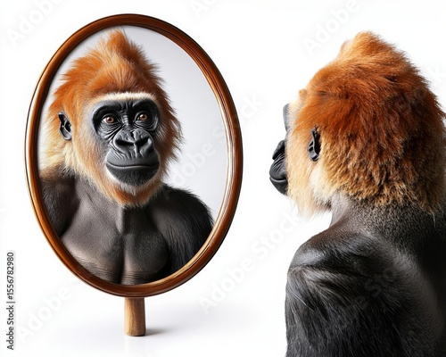 Curious gorilla looking at his handsome self reflection in mirror and smiling lovingly , isolated on white background,  , copy space, copy space for text,