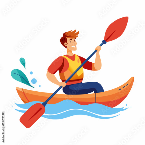 Minimalist paddling kayak icon – vector man rowing through nature scene in calm waters for travel, outdoor, or fitness sticker art and adventure branding