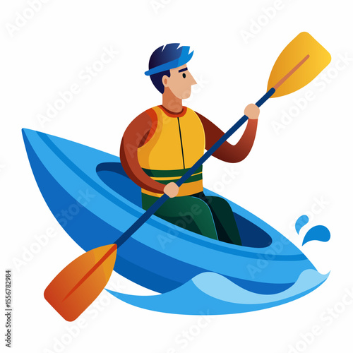 Adventure kayaking flat vector – solo man in kayak on peaceful waters, perfect for outdoor sports stickers, scenic travel designs, or fitness lifestyle icons