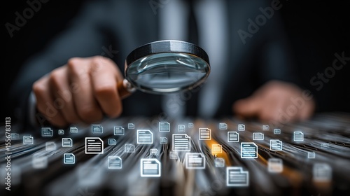 Businessman searching business documents and files in DMS storage using a magnifying glass on file icons.