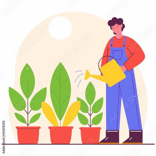 Flat design vector of person watering indoor plants with a watering can, symbolizing eco lifestyle, home gardening, mindfulness, and sustainable plant care practice
