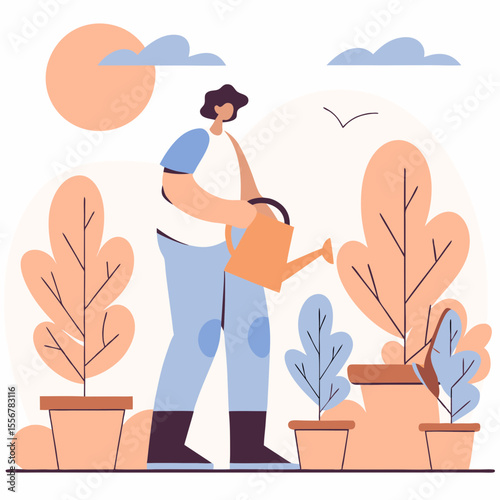 Flat style artwork of individual watering potted plants indoors, representing calm routine, eco-conscious living, sustainable habits, and minimalist green decor