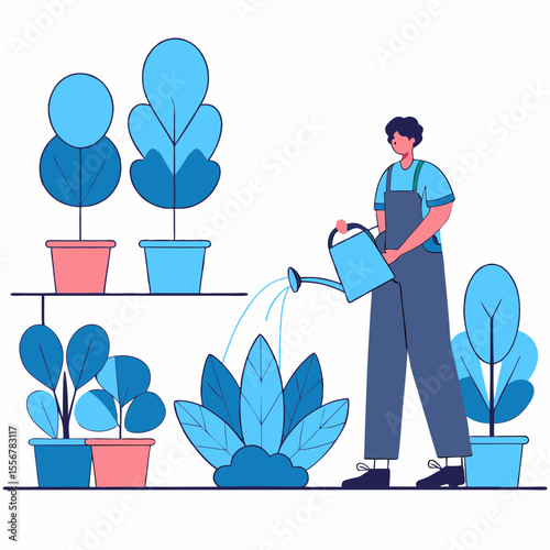 Minimal flat vector showing person caring for houseplants by watering them, ideal for indoor gardening, eco-living, self-care, home decor, and lifestyle illustration