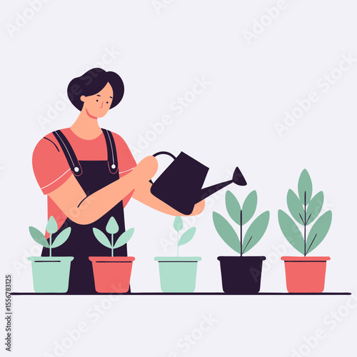 Vector of person nurturing houseplants with water in modern flat style, symbolizing mindfulness, nature care, eco-homes, self-care, and plant parenting activities